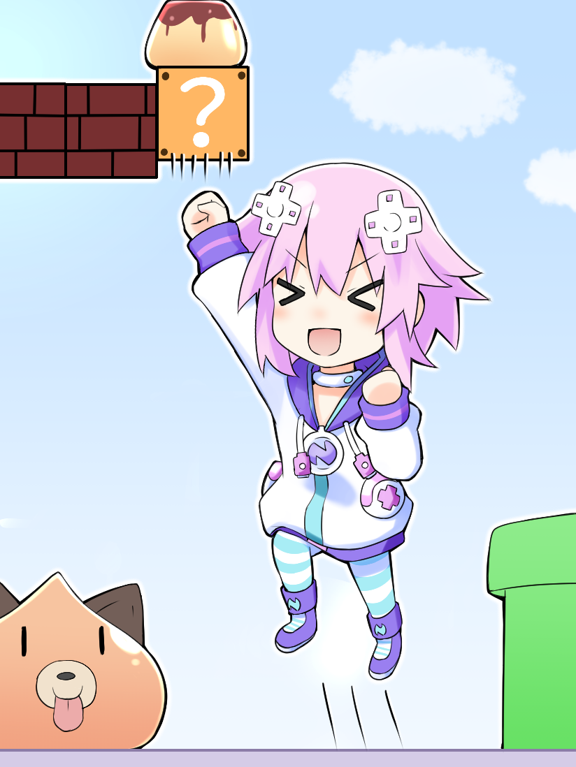 &gt;_&lt; 1girl :d ?_block arm_up blue_sky brick chibi choujigen_game_neptune clouds collar commentary_request d-pad d-pad_hair_ornament dogoo doria_(5073726) drawstring food gameplay_mechanics hair_ornament hood hooded_jacket hoodie jacket jumping super_mario_bros. neptune_(neptune_series) neptune_(series) nintendo open_mouth outdoors pipe pudding purple_hair short_hair sky smile striped striped_legwear super_mario_bros. thigh-highs usb v-shaped_eyebrows xd