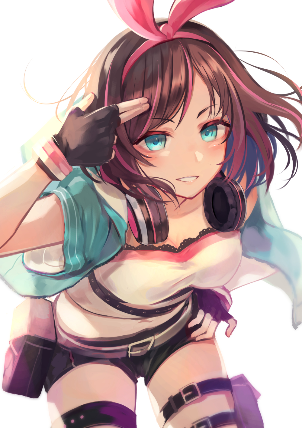 1girl a.i._channel arm_up belt belt_buckle black_gloves black_shorts blue_eyes blue_jacket brat breasts brown_hair buckle commentary_request fingerless_gloves fingernails gloves hair_ribbon hairband hand_on_hip headphones highres jacket kizuna_ai multicolored_hair open_clothes open_jacket pink_hair pink_hairband pink_ribbon ribbon shirt short_shorts short_sleeves shorts simple_background small_breasts solo streaked_hair virtual_youtuber white_background white_shirt