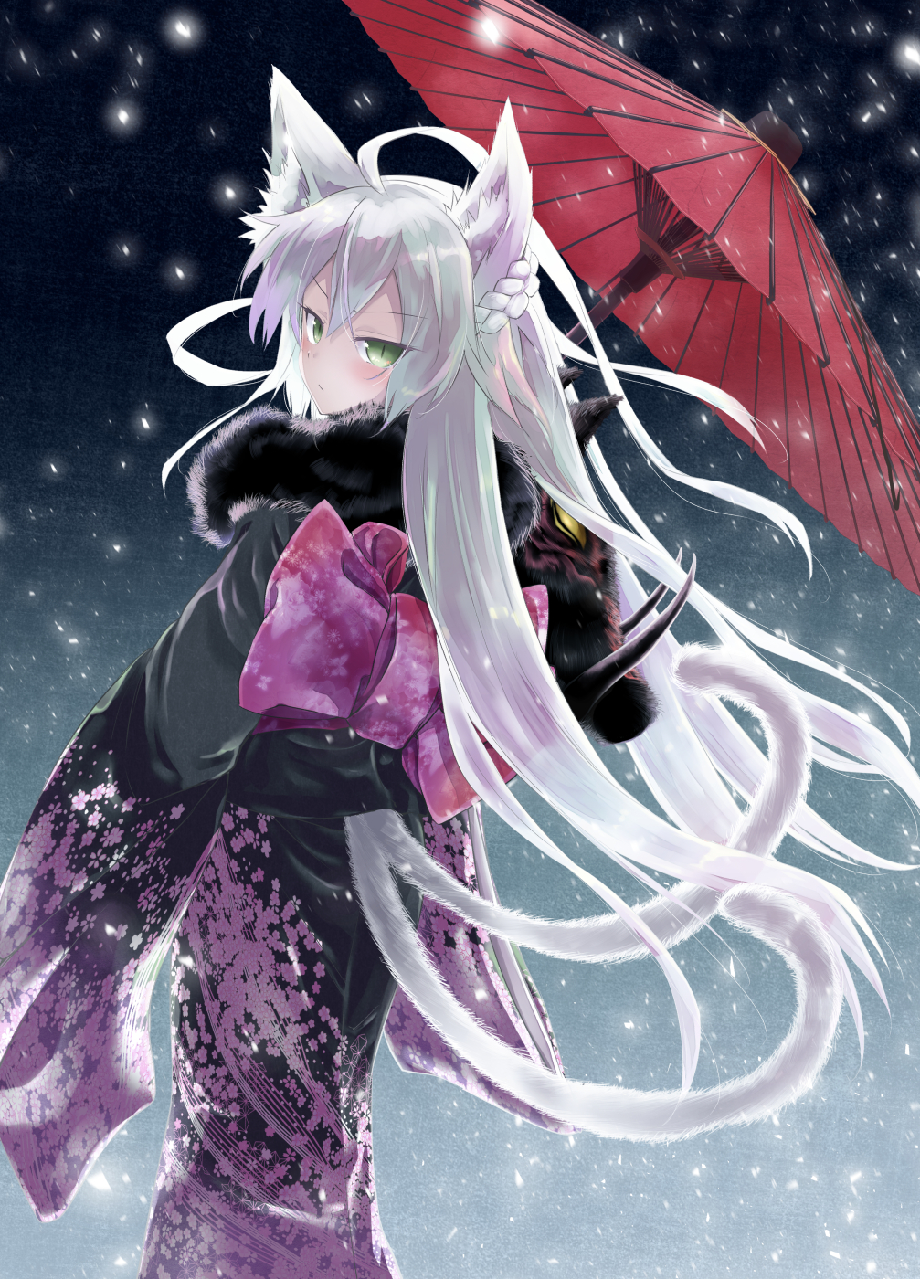 1girl ahoge animal_ear_fluff animal_ears atalanta_(alter)_(fate) atalanta_(fate) back_bow bangs black_kimono blush bow braid cat_ears cat_girl cat_tail cherry_blossom_print closed_mouth commentary_request eyebrows_visible_through_hair fate/grand_order fate_(series) floral_print fur_collar green_eyes hair_between_eyes highres japanese_clothes kimono long_hair looking_at_viewer looking_back multiple_tails oriental_umbrella print_kimono red_bow red_umbrella silver_hair snowing solo tail tusks two_tails ugatsu_matsuki umbrella v-shaped_eyebrows very_long_hair