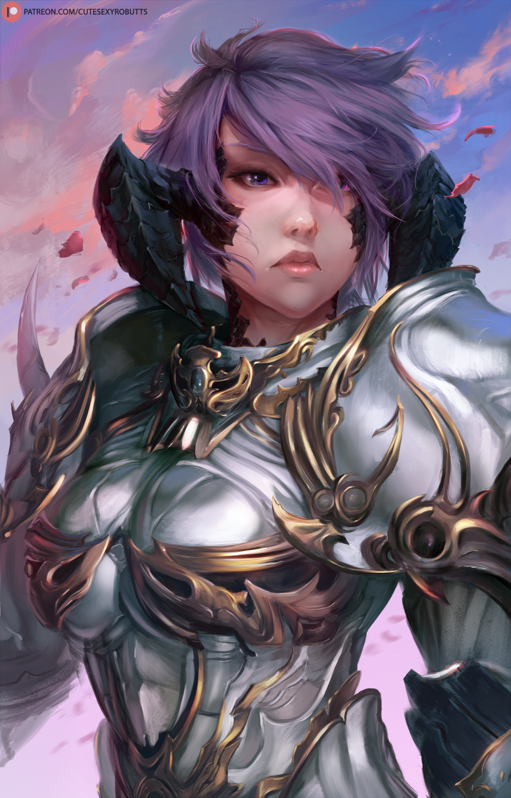 1girl armor breasts cutesexyrobutts hair_over_one_eye highres lips original petals purple_hair rose_petals short_hair sky solo upper_body violet_eyes