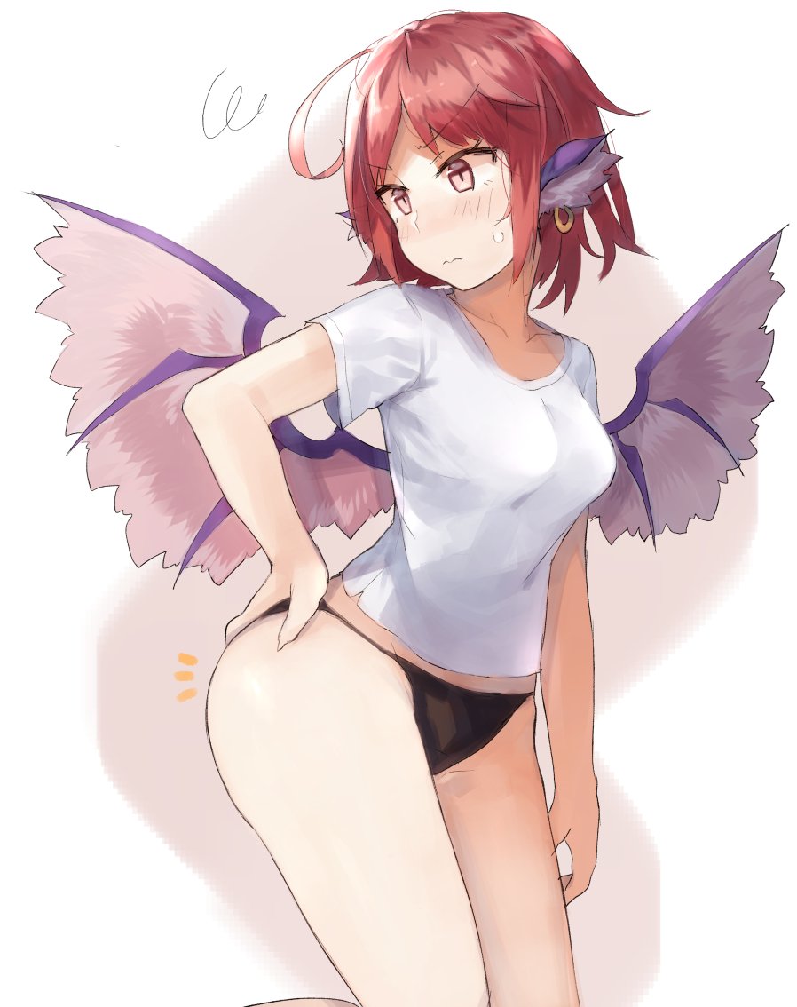 1girl ahoge alternate_costume bangs bare_legs black_panties blush breasts collarbone commentary_request cowboy_shot earrings eyebrows_visible_through_hair feathered_wings grey_background hand_on_hip head_tilt head_wings jewelry kasuka_(kusuki) medium_breasts midriff_peek mystia_lorelei no_hat no_headwear no_pants panties pink_eyes pink_hair pink_wings shirt short_hair solo squiggle sweat thighs touhou two-tone_background underwear v-shaped_eyebrows white_background white_shirt wings