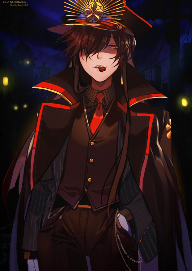 1girl brown_hair commentary_request fate/grand_order fate_(series) hands_in_pockets hat jacket long_hair long_sleeves looking_at_viewer marchab_66 mouth_hold necktie night oda_nobunaga_(fate) oda_uri open_clothes open_jacket pants red_eyes solo translation_request upper_body vest