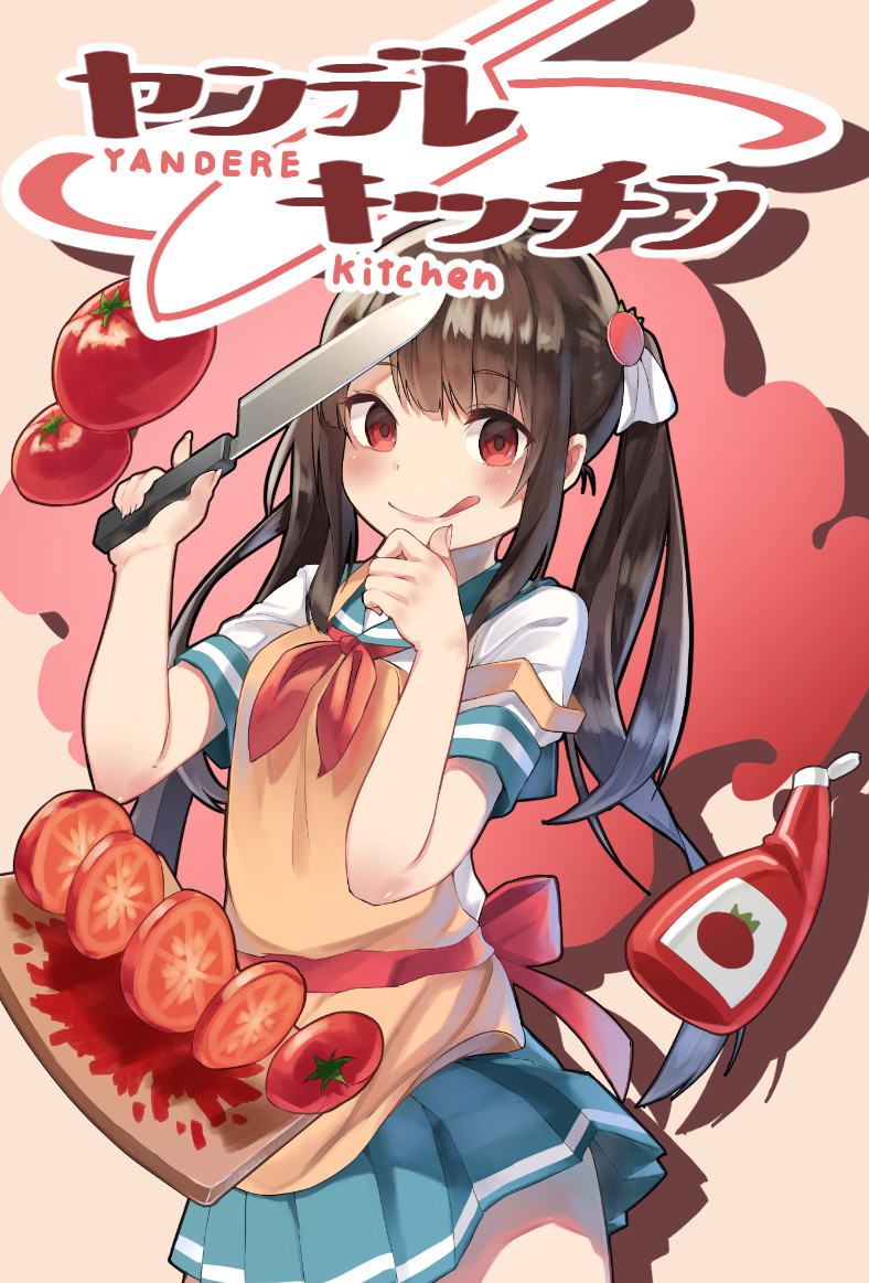 1girl :p apron blush crazy_eyes cutting_board empty_eyes eyebrows_visible_through_hair fingernails hair_ornament holding holding_knife ketchup ketchup_bottle kitchen_knife knife long_hair looking_at_viewer neck_ribbon original pleated_skirt red_eyes red_ribbon ribbon sakoku_(rh_ty_ks) school_uniform skirt sliced tomato tongue tongue_out twintails yandere
