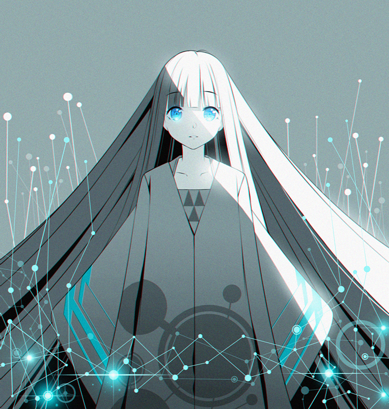 1girl blue_eyes collarbone commentary grey_background long_hair looking_at_viewer monochrome original pananother parted_lips robe sleeves_past_fingers sleeves_past_wrists solo spot_color very_long_hair