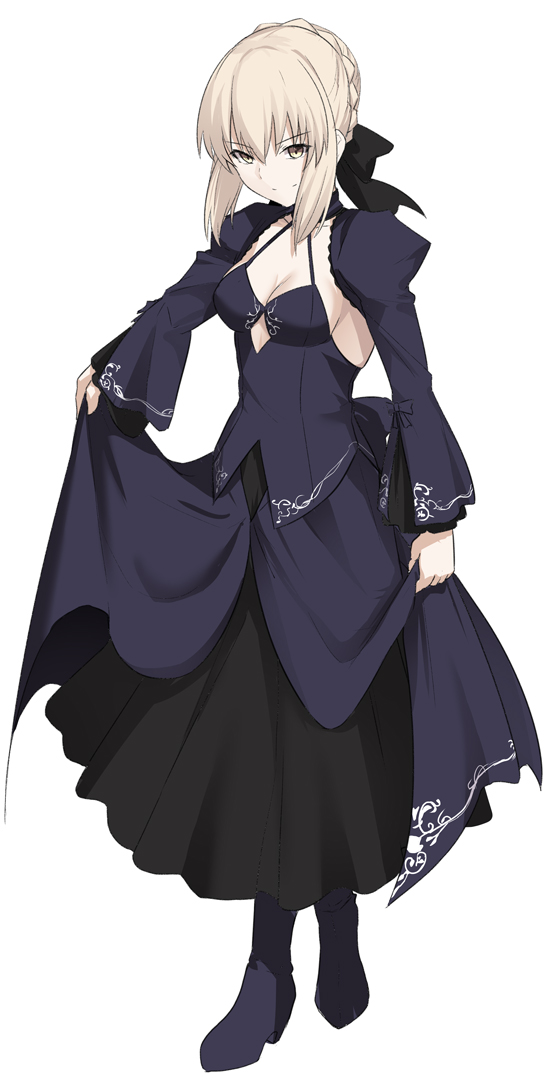 1girl artoria_pendragon_(all) black_footwear black_shirt black_skirt black_sleeves boots braided_bun breasts cleavage eyebrows_visible_through_hair fate/stay_night fate_(series) formal full_body gothic_lolita hair_between_eyes lolita_fashion long_sleeves medium_breasts saber_alter shirt shiseki_hirame short_hair_with_long_locks shrug_(clothing) sidelocks silver_hair simple_background skirt skirt_hold skirt_suit sleeveless sleeveless_shirt solo standing suit white_background yellow_eyes