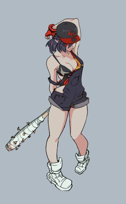 1girl baseball_bat baseball_cap black_hair blood breasts cleavage crossover gloves gyosone hat hidden_eyes kill_la_kill matoi_ryuuko midriff mousou_dairinin multicolored_hair overalls parody senketsu short_hair shounen_bat solo streaked_hair tagme two-tone_hair weapon