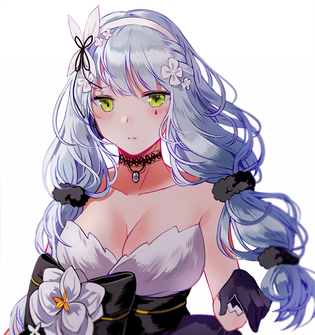 1girl alternate_costume alternate_hairstyle amethyst_(gemstone) bangs black_scrunchie blunt_bangs blush breasts choker cleavage closed_mouth collarbone commentary dress earrings facial_mark floating_hair flower girls_frontline gloves green_eyes hair_flower hair_ornament hair_scrunchie hairband hand_up hk416_(girls_frontline) jewelry lace lace_choker large_breasts layered_dress long_hair looking_at_viewer multi-tied_hair pendant purple_gloves scrunchie sidelocks silence_girl silver_hair simple_background solo strapless strapless_dress teardrop very_long_hair white_background white_flower white_hairband