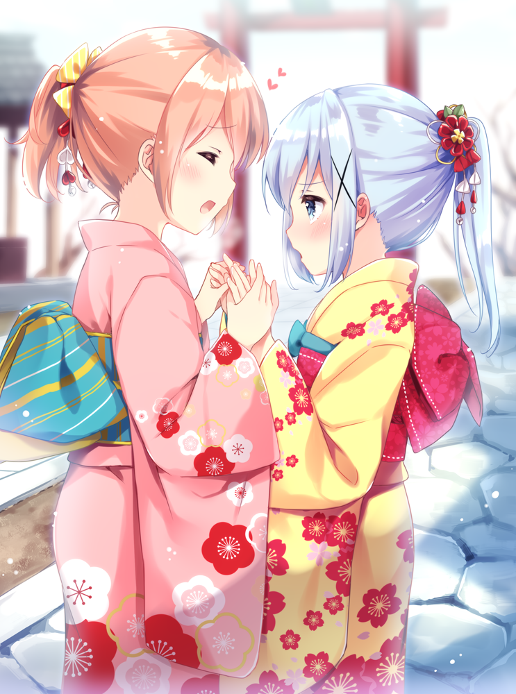 2girls :d blue_eyes blue_hair blurry blurry_background blush bow breathing_on_another's_hands breathing_on_hands closed_eyes commentary_request depth_of_field eyebrows_visible_through_hair facing_away floral_print from_side gochuumon_wa_usagi_desu_ka? hair_bow hair_ornament hand_holding heart hoto_cocoa irori japanese_clothes kafuu_chino kimono light_brown_hair long_hair long_sleeves looking_at_another multiple_girls obi open_mouth pink_kimono ponytail print_kimono profile sash sidelocks smile torii wide_sleeves x_hair_ornament yellow_bow yellow_kimono