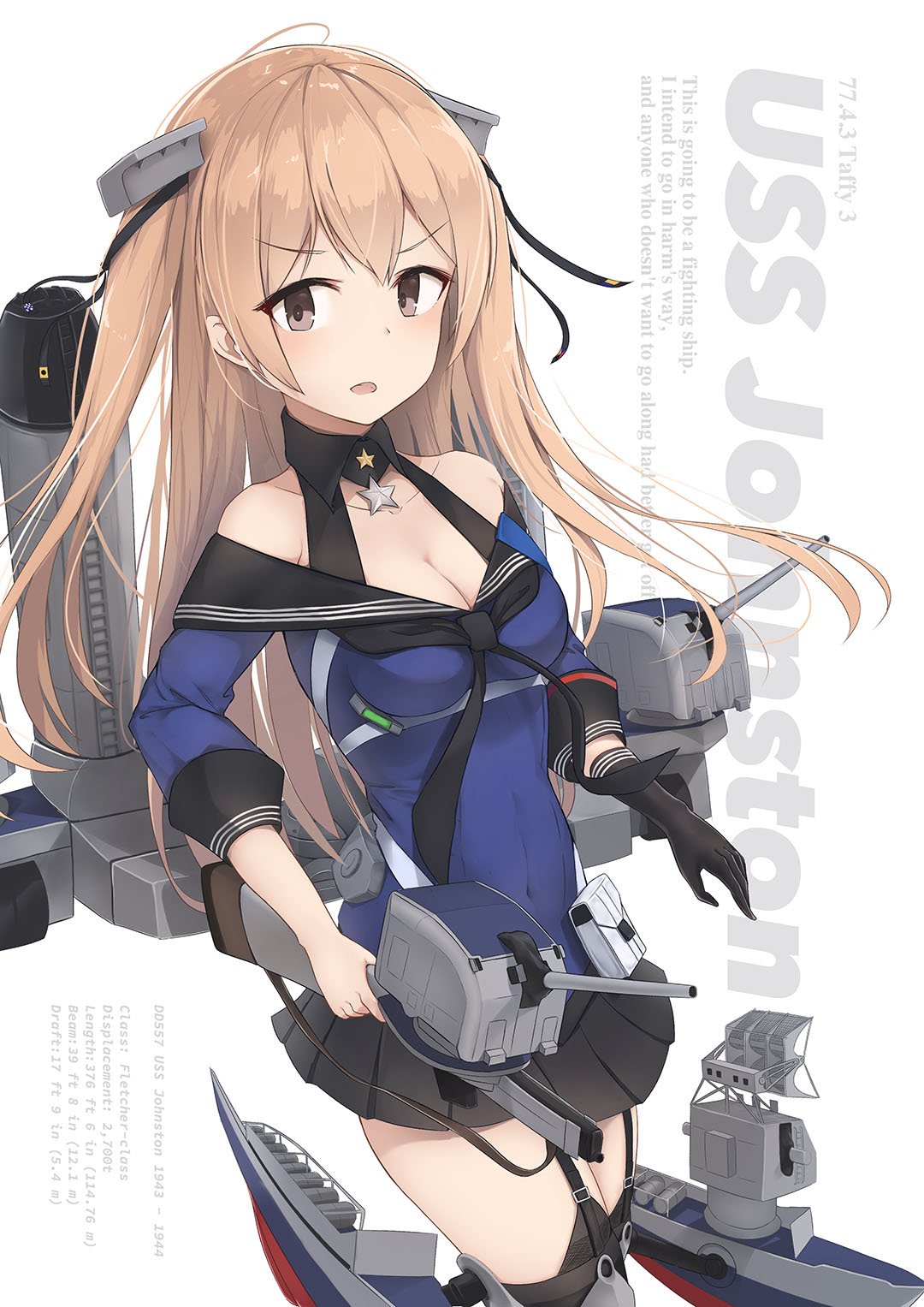 1girl adapted_turret black_gloves black_legwear black_skirt blue_shirt breasts brown_eyes cannon cleavage cowboy_shot driftkingtw garter_straps gloves highres johnston_(kantai_collection) kantai_collection light_brown_hair long_hair looking_at_viewer machinery medium_breasts off_shoulder pleated_skirt sailor_collar school_uniform serafuku shirt single_glove skirt smokestack solo thigh-highs turret two_side_up