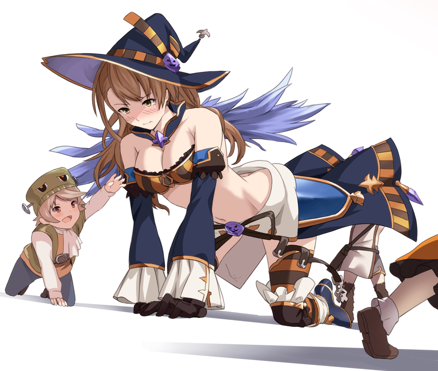 1girl 3boys all_fours beatrix_(granblue_fantasy) black_gloves blue_hat blue_sleeves blush bra breasts brown_hair choker cleavage detached_sleeves embarrassed gloves granblue_fantasy groin hat long_hair long_sleeves medium_breasts midriff multiple_boys navel shiseki_hirame simple_background stomach strapless strapless_bra striped striped_bra striped_legwear thigh-highs underwear white_background witch_hat