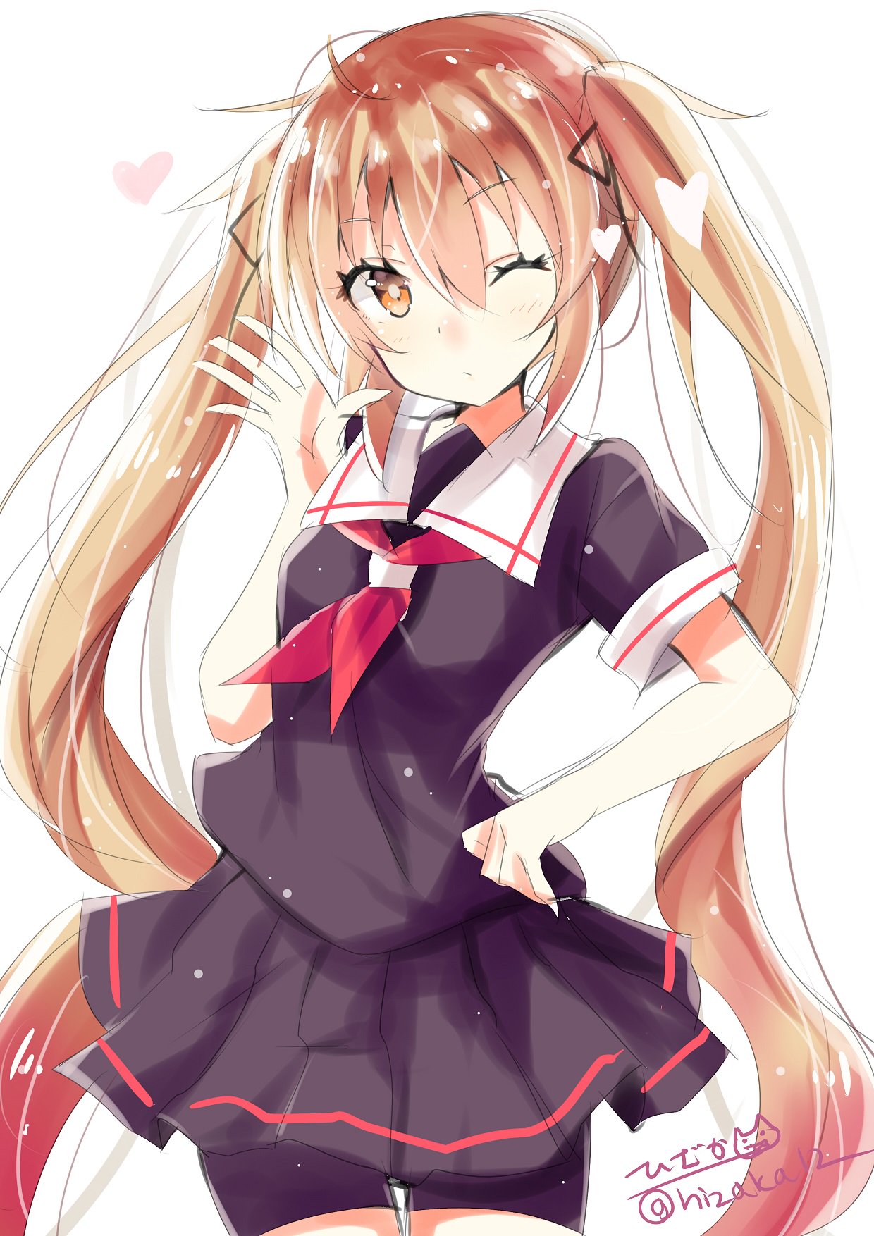 1girl black_ribbon black_serafuku black_skirt brown_eyes eyebrows_visible_through_hair gradient_hair hair_between_eyes hair_flaps hair_ribbon highres hizaka kantai_collection light_brown_hair long_hair looking_at_viewer multicolored_hair murasame_(kantai_collection) neckerchief one_eye_closed pleated_skirt ribbon school_uniform serafuku simple_background skirt solo twintails twitter_username two_side_up white_background