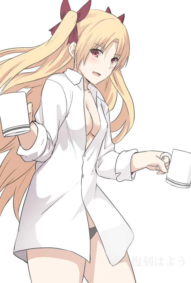 1girl black_panties blonde_hair blush bow breasts cleavage collarbone cowboy_shot cup dress_shirt ereshkigal_(fate/grand_order) eyebrows_visible_through_hair fate/grand_order fate_(series) floating_hair hair_bow holding holding_cup long_hair long_sleeves looking_at_viewer medium_breasts open_clothes open_mouth open_shirt panties red_bow red_eyes shirt shiseki_hirame simple_background solo twintails underwear very_long_hair white_background white_shirt