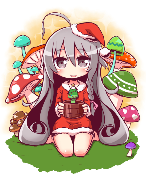 1girl ahoge bangs barefoot blush braid brown_eyes christmas christmas_lights commentary_request dress eyebrows_visible_through_hair full_body fur-trimmed_dress fur-trimmed_hat fur_trim grey_hair hair_between_eyes hair_ribbon hat holding hoshi_shouko idolmaster idolmaster_cinderella_girls long_hair looking_at_viewer mushroom naga_u parted_lips pink_ribbon plant potted_plant red_dress red_hat ribbon santa_costume santa_hat side_braid single_braid sitting smile solo star tilted_headwear very_long_hair wariza