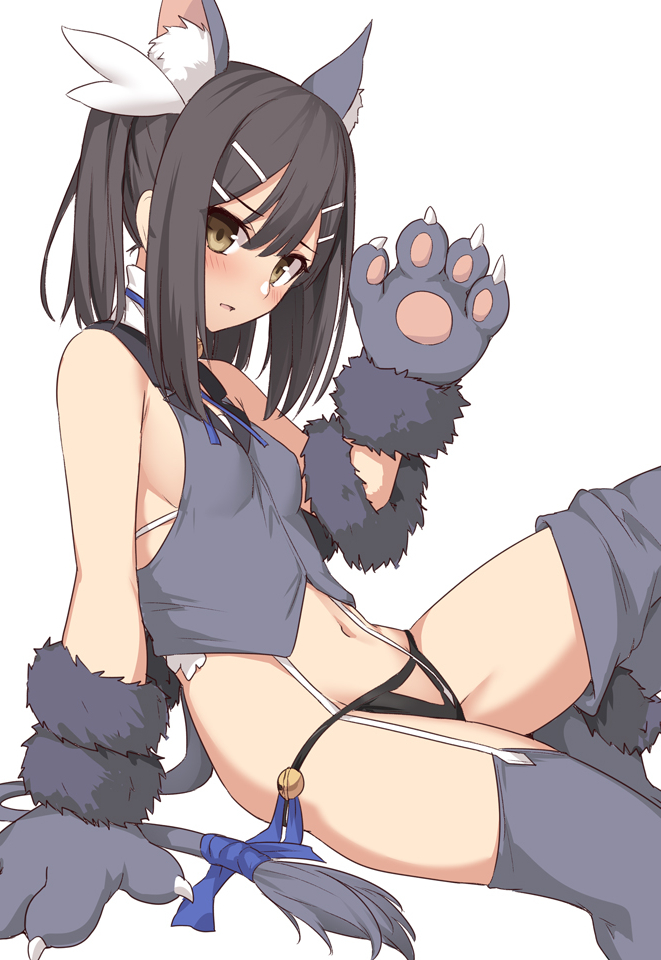1girl animal_ears bangs bare_shoulders bell black_hair blue_ribbon blush breasts brown_eyes cat_ears cat_paws cat_tail crop_top fate/kaleid_liner_prisma_illya fate_(series) feathers fur_trim garter_straps gloves grey_legwear grey_shirt hair_feathers hair_ornament hairclip jingle_bell long_hair looking_at_viewer miyu_edelfelt navel open_mouth paw_gloves paw_shoes paws ribbon shirt shiseki_hirame shoes simple_background sitting small_breasts solo tail thighs twintails white_background yellow_eyes