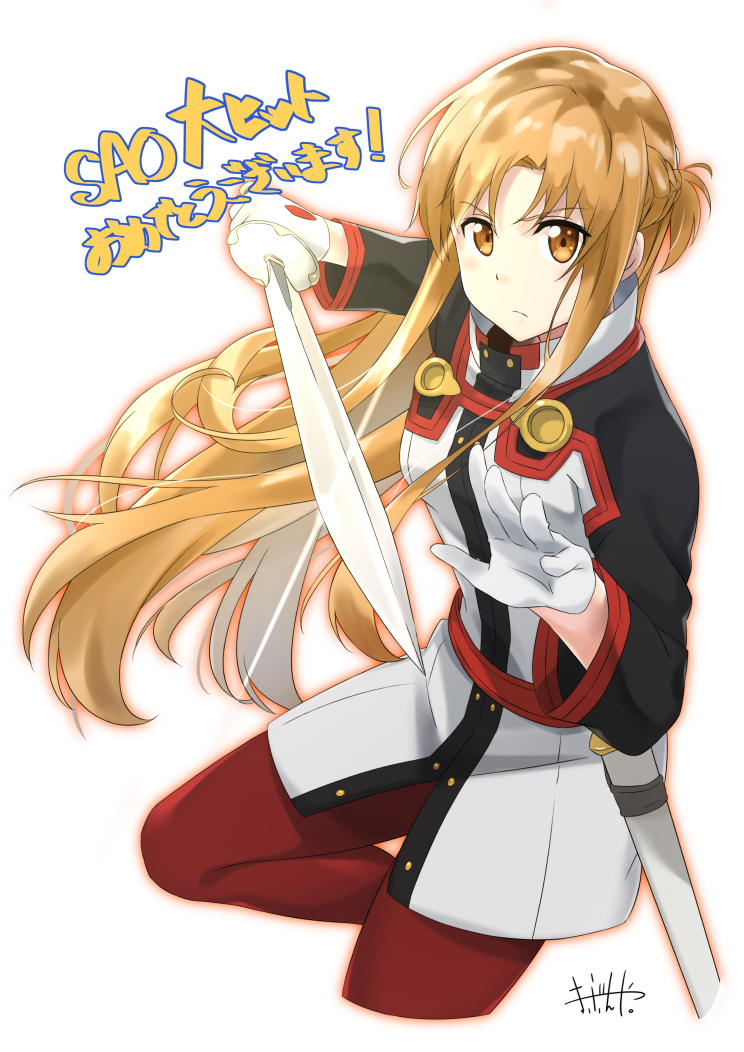 1girl asuna_(sao) blonde_hair brown_eyes cropped_legs eyebrows_visible_through_hair floating_hair gloves holding holding_sword holding_weapon long_hair looking_at_viewer murio pants red_pants shiny shiny_hair simple_background solo sword sword_art_online very_long_hair weapon white_background white_gloves