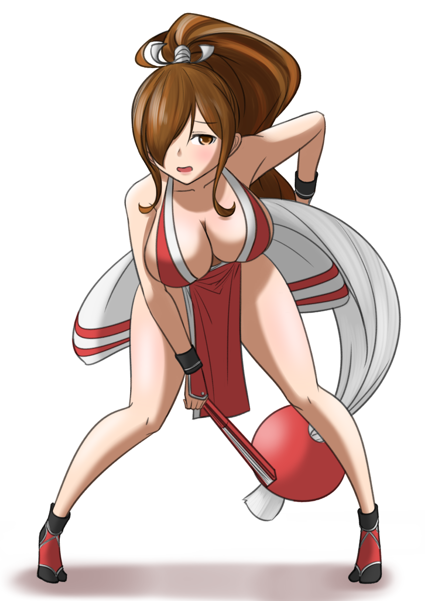 1girl alternate_hairstyle black_wristband breasts brown_eyes brown_hair cleavage closed_fan cosplay drawfag fan folding_fan full_body hair_over_one_eye highres japanese_clothes kono_subarashii_sekai_ni_shukufuku_wo! large_breasts leaning_forward long_hair looking_at_viewer open_mouth paper_fan pelvic_curtain ponytail red_legwear revealing_clothes shiranui_mai shiranui_mai_(cosplay) sidelocks socks solo standing the_king_of_fighters wiz_(konosuba) wristband