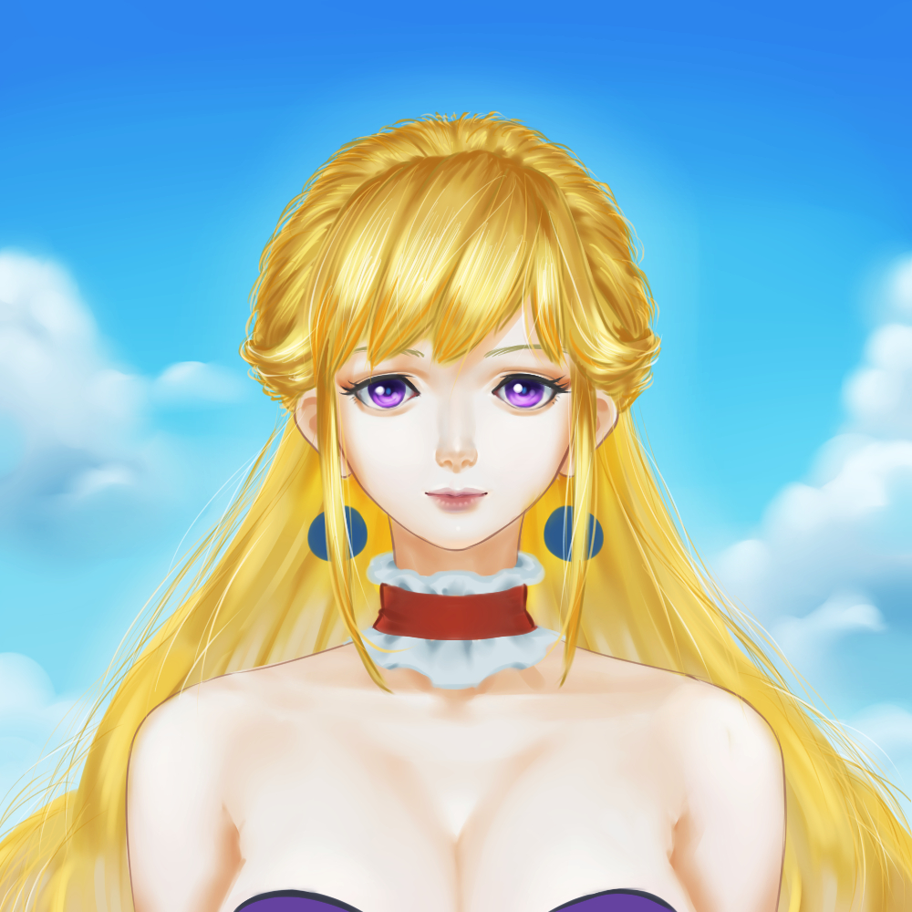 1girl azibuda bare_shoulders blonde_hair blue_sky breasts choker cleavage clouds collarbone day dress earrings jewelry large_breasts long_hair looking_at_viewer realistic sidelocks sky solo strapless strapless_dress upper_body violet_eyes yakumo_yukari