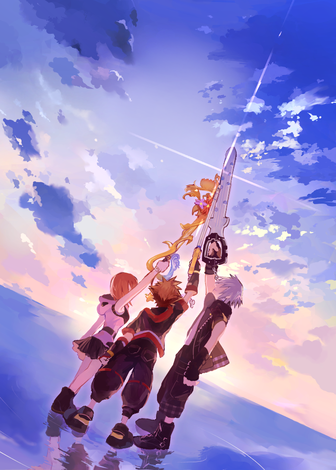 1girl 2boys arm_at_side arm_up back blue_sky boots clouds fingerless_gloves from_behind gloves holding holding_weapon hood hood_down hoodie jacket kairi_(kingdom_hearts) keyblade kingdom_hearts kingdom_hearts_iii lens_flare multiple_boys ramochi_(auti) redhead reflection riku ripples shoes short_hair silver_hair sky sneakers sora_(kingdom_hearts) spiky_hair standing standing_on_liquid sunrise water weapon