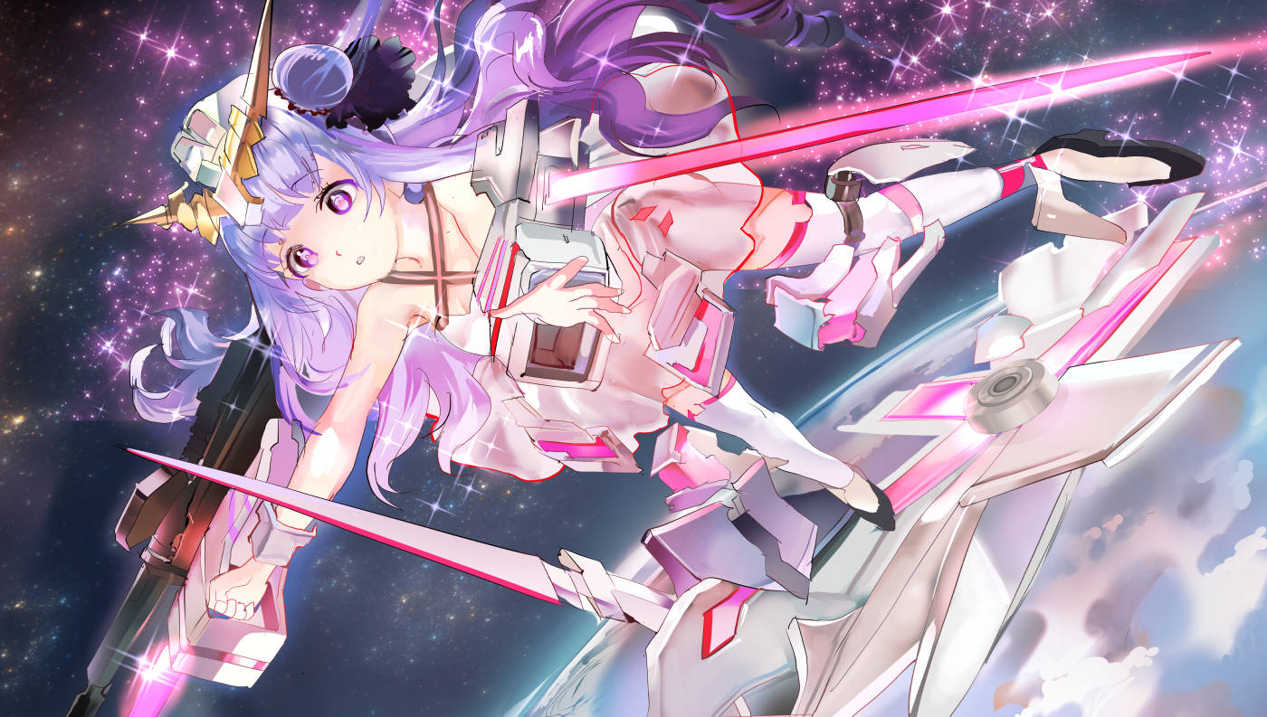 119 1girl armor azur_lane bare_arms bare_shoulders black_footwear breasts cleavage collarbone commentary_request cosplay dress drill_hair earth gun gundam gundam_unicorn hair_bun headpiece long_hair mecha_musume namesake outstretched_arm purple_hair rifle shield shoes solo space sparkle star_(sky) thigh-highs unicorn_(azur_lane) unicorn_gundam unicorn_gundam_(cosplay) very_long_hair violet_eyes weapon white_dress