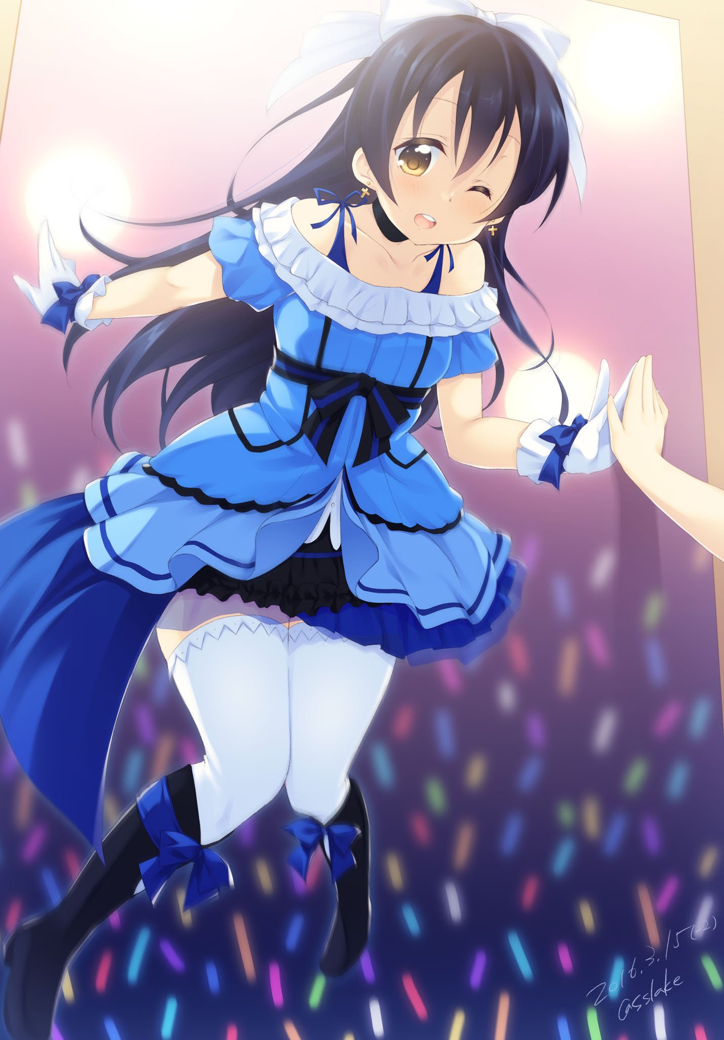 1girl bangs blue_dress blue_hair blush bow commentary_request dress earrings full_body gloves hair_between_eyes hair_bow highres jewelry jumping kira-kira_sensation! long_hair love_live! love_live!_school_idol_project minase_shuu one_eye_closed open_mouth smile solo sonoda_umi thigh-highs white_gloves white_legwear yellow_eyes