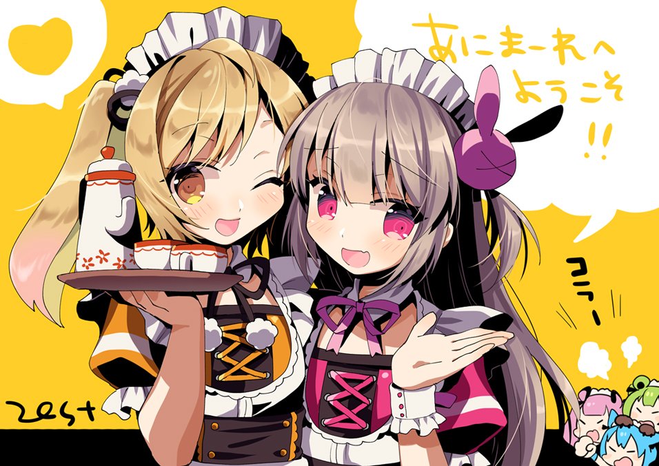 2girls alternate_costume artist_name blonde_hair blush breasts character_request chibi hair_ornament heart long_hair maid_headdress medium_hair multiple_girls natori_sana one_eye_closed open_mouth pink_hair portrait sana_channel small_breasts spoken_heart translation_request twintails violet_eyes virtual_youtuber yellow_background yellow_eyes zest_(lossol)