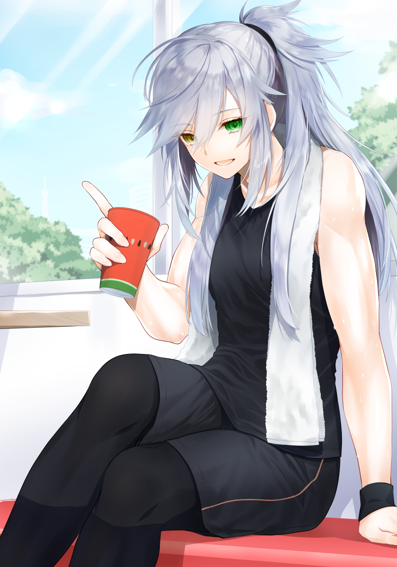 1girl bangs black_legwear black_shorts black_tank_top breasts collarbone commentary_request cup eyebrows_visible_through_hair eyes_visible_through_hair food_print green_eyes hair_between_eyes hair_over_shoulder heterochromia holding holding_cup knee_up legwear_under_shorts long_hair looking_at_viewer messy_hair muscle muscular_female open_mouth original pants pantyhose shorts sidelocks silver_hair sitting small_breasts smile solo split_ponytail sweat tank_top tied_hair towel towel_around_neck tree waka_(shark_waka) watermelon_print window wristband yellow_eyes