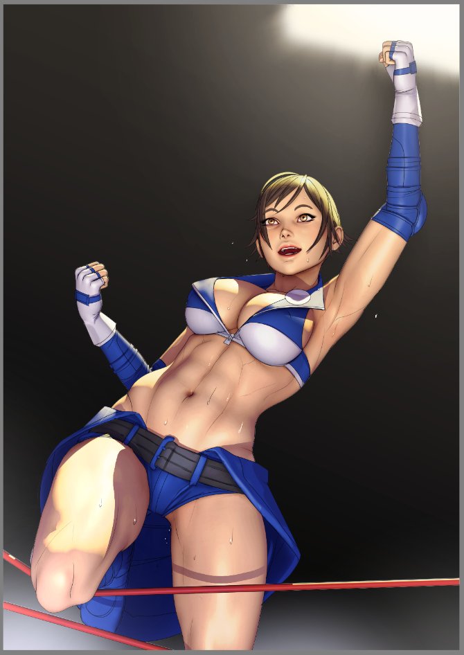 1girl abs armpits bangs blue_shorts breasts brown_eyes brown_hair cleavage clenched_hands clothes_around_waist crop_top elbow_gloves elbow_pads erect_nipples fingerless_gloves fist_pump gloves john_doe kazama_asuka large_breasts nose open_mouth short_hair short_shorts shorts smile solo stage_lights sweat swept_bangs tekken tekken_7 thick_thighs thighs tightrope toned unzipped wrestling_ring