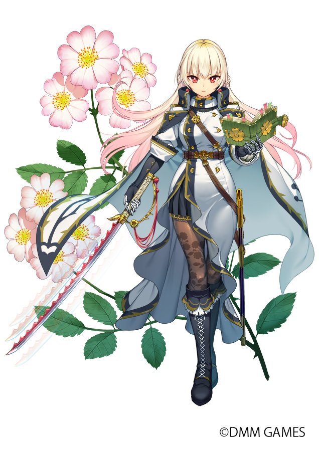 1girl belt black_footwear black_gloves blonde_hair book boots brown_legwear buttons commentary_request company_name flower flower_knight_girl full_body gloves gradient_hair holding holding_book holding_sword holding_weapon iltusa knee_boots long_hair looking_at_viewer multicolored_hair noibara_(flower_knight_girl) object_namesake official_art pantyhose pink_hair red_eyes simple_background solo standing sword weapon white_background white_coat