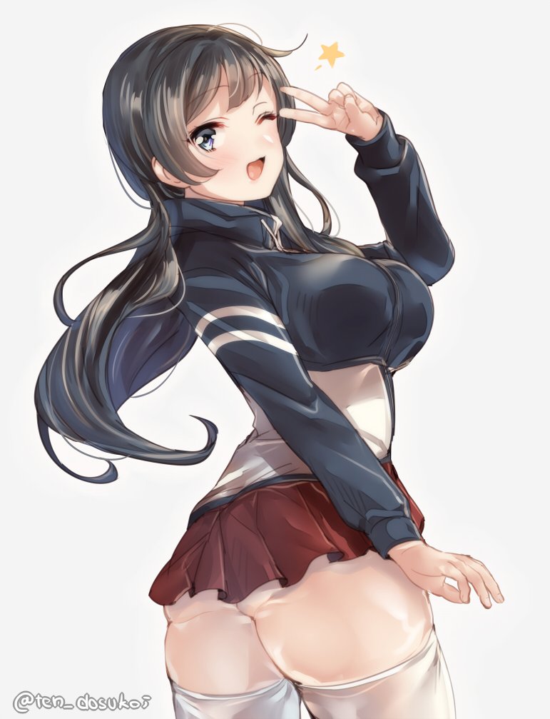 1girl ;d agano_(kantai_collection) ass bangs black_hair blush breasts brown_hair green_eyes grey_background juurouta kantai_collection large_breasts long_hair looking_at_viewer one_eye_closed open_mouth red_skirt sidelocks simple_background skirt smile solo star thigh-highs track_suit twitter_username v white_legwear