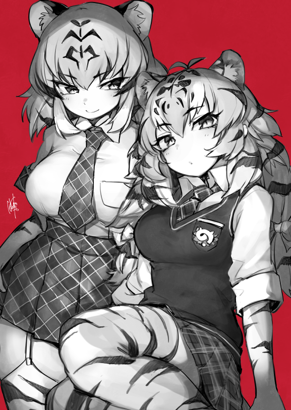 2girls animal_ears animal_print bangs bow breast_pocket closed_eyes collared_shirt commentary_request extra_ears eyebrows_visible_through_hair eyes_visible_through_hair garter_straps gloves greyscale hair_between_eyes hair_bow hatagaya japari_symbol kemono_friends long_hair looking_at_viewer low-tied_long_hair medium_hair monochrome multicolored_hair multiple_girls necktie parted_lips plaid plaid_neckwear plaid_skirt plaid_sleeves pocket print_gloves print_legwear red_background shirt short_sleeves siberian_tiger_(kemono_friends) sidelocks signature simple_background sitting skirt slit_pupils smile standing sweater_vest thigh-highs tiger_(kemono_friends) tiger_ears tiger_print tsurime twintails wing_collar zettai_ryouiki