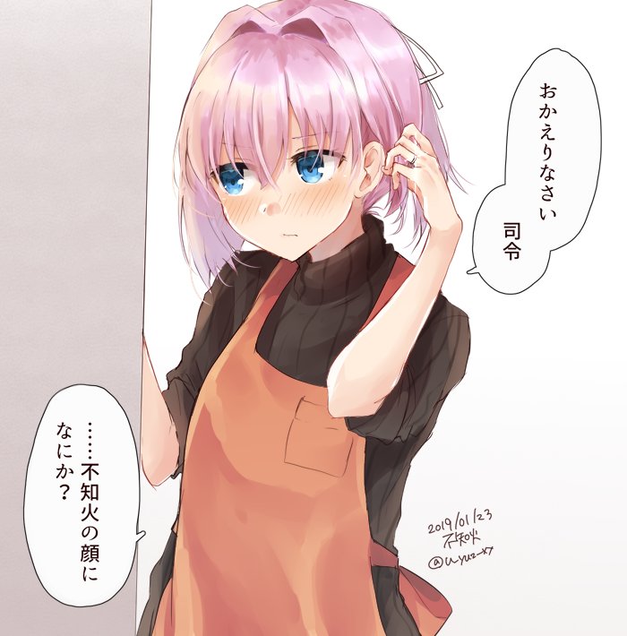 1girl alternate_costume apron aqua_eyes blush brown_apron brown_sweater closed_mouth eyebrows_visible_through_hair hair_between_eyes hair_ornament hair_ribbon jewelry kantai_collection looking_at_viewer pink_hair ponytail ribbon ring shiranui_(kantai_collection) short_hair sweater translation_request u_yuz_xx wedding_ring white_ribbon