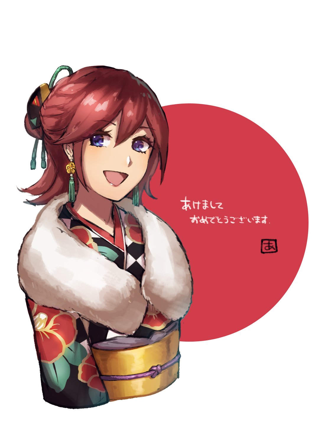 1girl :d blue_eyes cropped_torso earrings floral_print furisode hibiscus_print highres japanese_clothes jewelry kaname_buccaneer kimono looking_at_viewer macross macross_delta obi open_mouth print_kimono protected_link redhead sash shimatani_azu shiny shiny_hair short_hair simple_background smile solo tied_hair upper_body white_background