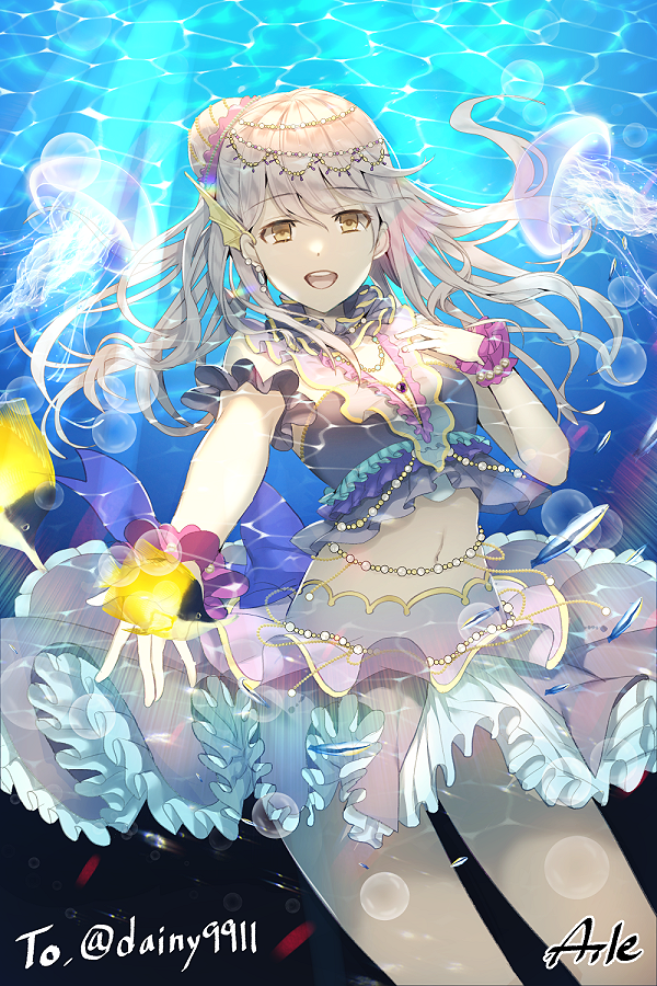 1girl :d aile_(crossroads) animal artist_name bang_dream! bangs beads black_shirt caustics commentary_request commission cowboy_shot crop_top day eyebrows_visible_through_hair floating_hair frilled_skirt frills hair_ornament hand_up jellyfish jewelry light_rays long_hair looking_at_viewer midriff minato_yukina miniskirt navel open_mouth outdoors outstretched_arm shirt silver_hair skirt smile solo sunbeam sunlight thighs underwater upper_teeth water wrist_cuffs yellow_eyes