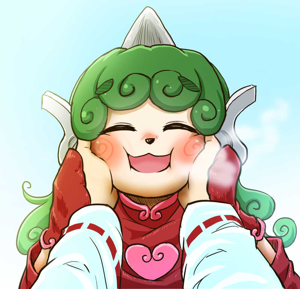 :3 alternate_costume animal_nose blue_sky blush chamaji closed_eyes curly_hair gloves green_hair hakurei_reimu hands_on_another's_face heart horns komano_aun long_hair open_mouth out_of_frame sky smile steam swirl touhou
