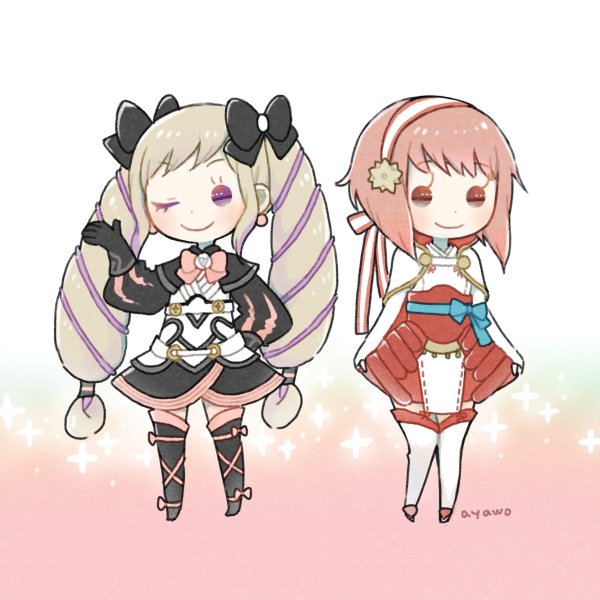 2girls artist_name ayawo black_bow black_legwear blonde_hair bow chibi closed_mouth dress earrings elise_(fire_emblem_if) fire_emblem fire_emblem_if hair_bow hairband jewelry long_hair multiple_girls nintendo one_eye_closed pink_hair purple_hair sakura_(fire_emblem_if) short_hair simple_background smile twintails white_legwear