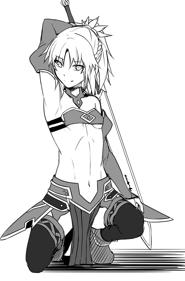 1girl arm_up bra braid breasts detached_sleeves eyebrows_visible_through_hair fate/apocrypha fate_(series) faulds full_body greyscale high_ponytail holding holding_sword holding_weapon long_hair long_sleeves looking_at_viewer midriff monochrome mordred_(fate) mordred_(fate)_(all) navel one_knee shiseki_hirame simple_background small_breasts solo stomach strapless strapless_bra sword thigh-highs under_boob underwear weapon white_background