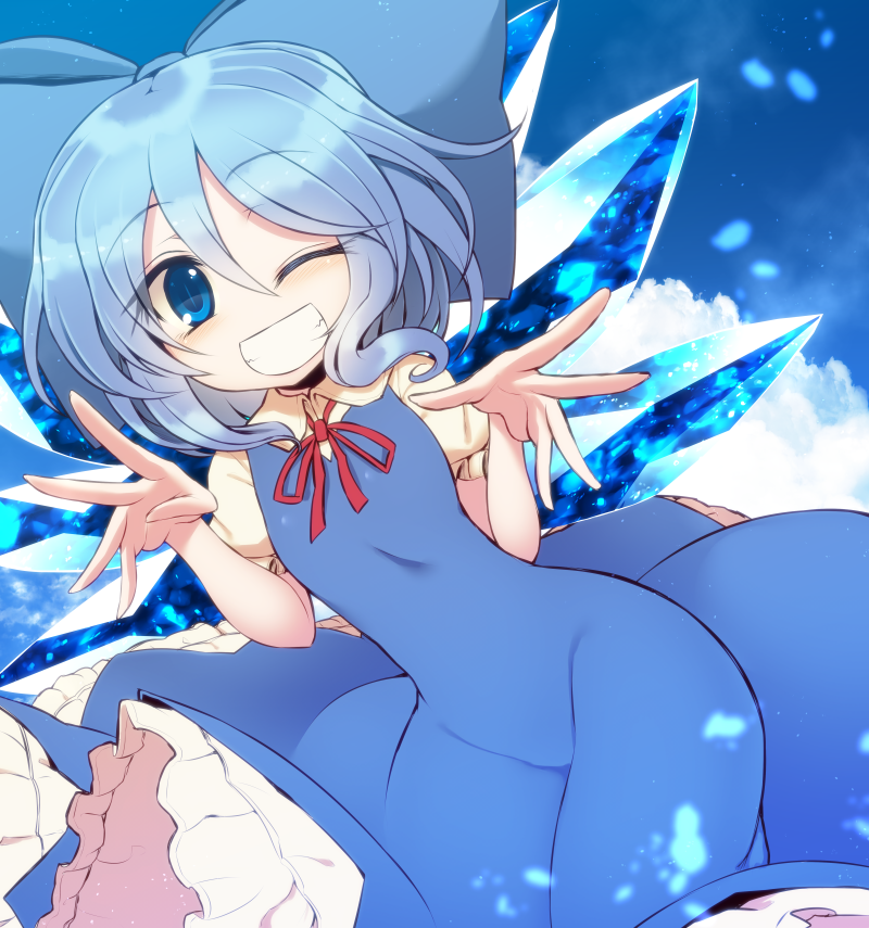 1girl ;d blouse blue_background blue_dress blue_eyes blue_hair blush bow cirno collared_shirt cowboy_shot dress eyebrows_visible_through_hair frilled_dress frilled_skirt frills grin hair_between_eyes hair_bow ice ice_wings kuresento looking_at_viewer neck_ribbon no_nose one_eye_closed open_mouth puffy_sleeves red_ribbon ribbon shirt short_hair short_sleeves skirt smile solo spread_fingers taut_clothes taut_dress touhou white_shirt wide_hips wings