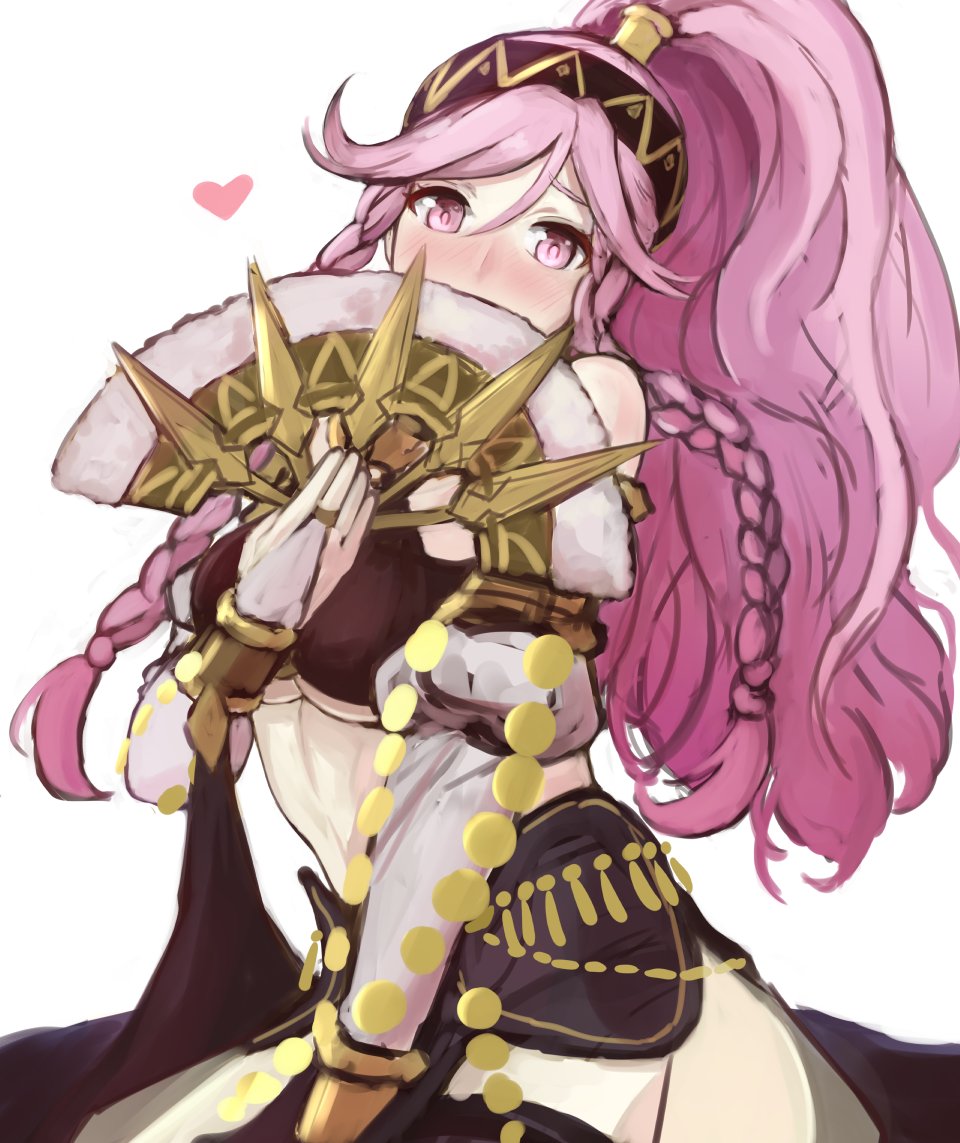 1girl blush braid breasts bridal_gauntlets fan fire_emblem fire_emblem:_kakusei fire_emblem_heroes hairband heart holding holding_fan ippers large_breasts long_hair midriff nintendo olivia_(fire_emblem) pink_eyes pink_hair ponytail revealing_clothes simple_background solo twin_braids under_boob white_background