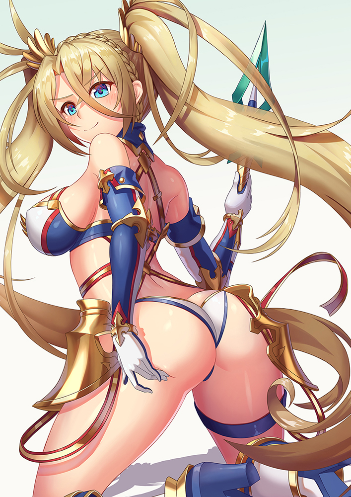 1girl ass back bangs bare_shoulders bikini blonde_hair blue_bikini blue_eyes blush boots bradamante_(fate/grand_order) braid breasts cleavage closed_mouth elbow_gloves fate/grand_order fate_(series) faulds french_braid gloves gradient gradient_background green_background hair_between_eyes hair_ornament knee_boots kneeling long_hair looking_at_viewer looking_back medium_breasts smile solo swimsuit tako_seijin thigh_strap thighs twintails two-tone_bikini very_long_hair weapon white_bikini