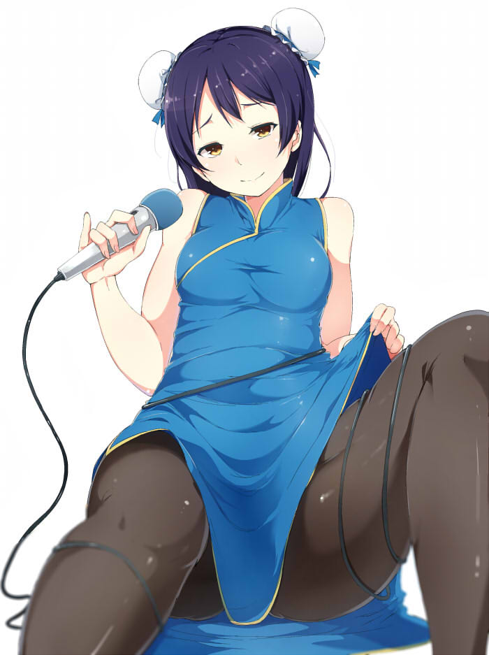 1girl alp bangs black_legwear blue_dress blue_hair blush bun_cover chinese_clothes commentary_request double_bun dress entangled hair_between_eyes holding holding_microphone long_hair looking_at_viewer love_live! love_live!_school_idol_project microphone pantyhose sitting sleeveless solo sonoda_umi