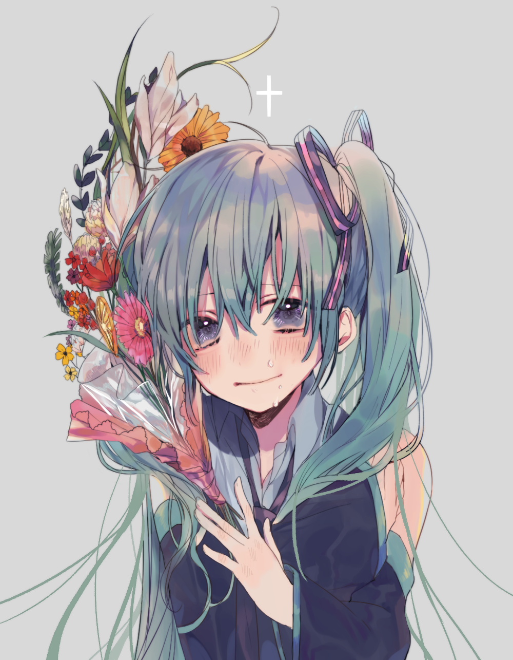 1girl bare_shoulders blue_eyes blue_hair blush bouquet cross crying crying_with_eyes_open detached_sleeves flower grey_background hatsune_miku highres holding holding_flower leaf long_hair looking_at_viewer no_nose orange_flower pink_flower purple_flower red_flower sad simple_background solo tears twintails upper_body very_long_hair vocaloid white_flower yamori_shiki yellow_flower