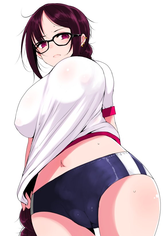 1girl blush braid breasts brown_hair buruma consort_yu_(fate) erect_nipples fate/grand_order fate_(series) glasses gym_shirt gym_uniform han_(jackpot) large_breasts long_hair looking_at_viewer navel red_eyes see-through_silhouette shirt shirt_pull simple_background single_braid solo white_background