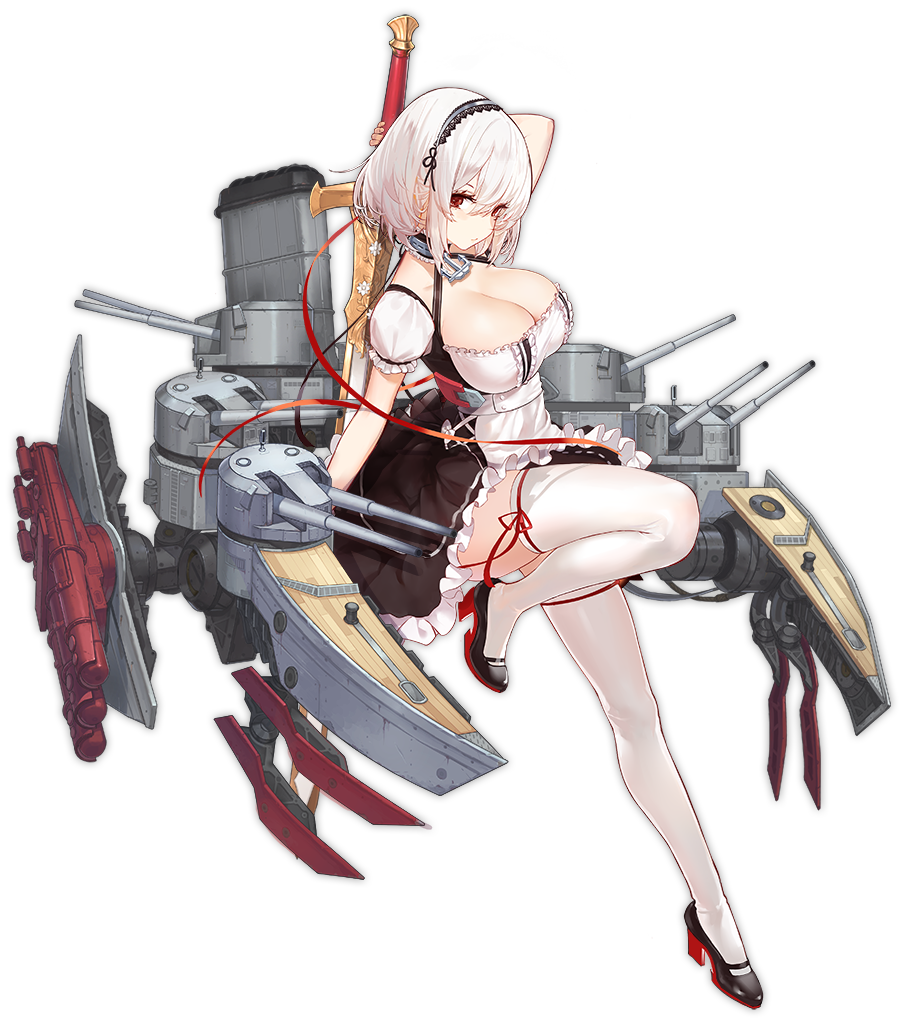 1girl artist_request azur_lane bangs bilingual black_footwear blush breasts cannon character_name choker cleavage cleavage_cutout collarbone commentary dress expressions full_body hairband high_heels holding holding_sword holding_weapon lace-trimmed_hairband large_breasts leg_up looking_at_viewer mary_janes official_art red_eyes ribbon rigging shoes short_hair sidelocks sirius_(azur_lane) smile solo standing standing_on_one_leg sword thigh-highs turret weapon white_hair white_legwear