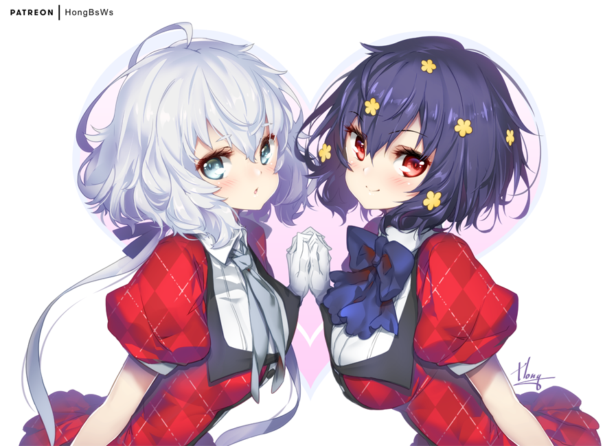 2girls artist_name bangs blue_eyes blue_hair blush breasts closed_mouth commentary_request eyebrows_visible_through_hair gloves hair_between_eyes hand_holding hand_up heart hong_(white_spider) interlocked_fingers jacket konno_junko long_hair looking_at_viewer low_twintails medium_breasts mizuno_ai multiple_girls parted_lips plaid_jacket puffy_short_sleeves puffy_sleeves red_eyes red_jacket short_sleeves signature silver_hair smile twintails upper_body very_long_hair white_background white_gloves zombie_land_saga