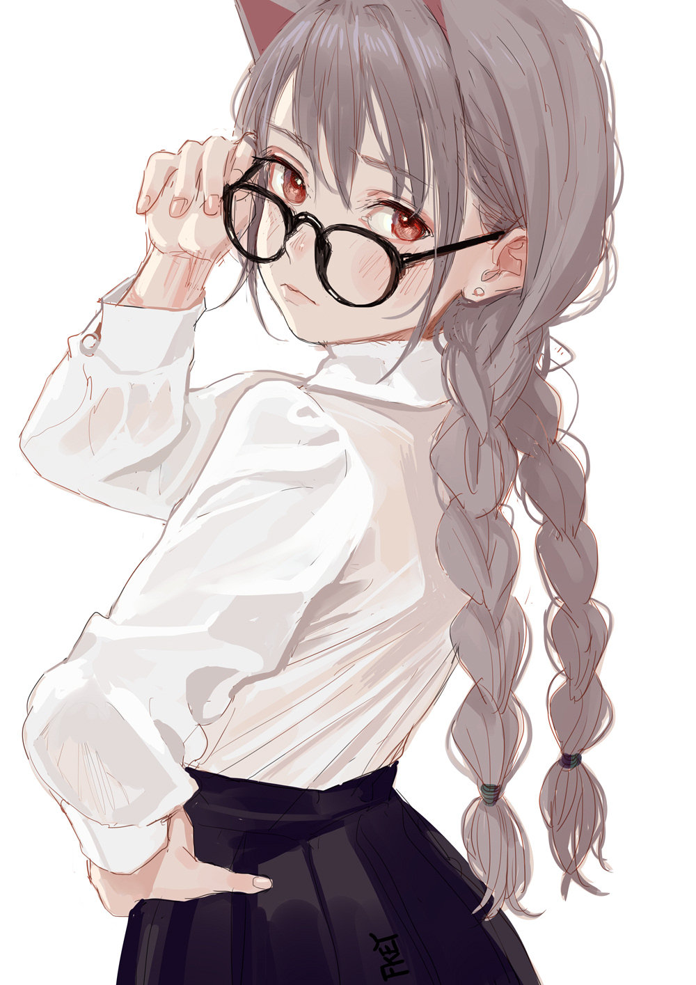 1girl adjusting_eyewear animal_ears artist_name bangs black-framed_eyewear black_skirt braid cat_ears cowboy_shot ear_piercing eyebrows_visible_through_hair fingernails fkey glasses hair_between_eyes hand_on_hip hand_up highres long_hair long_sleeves looking_at_viewer low_twintails miniskirt original piercing red_eyes shirt signature silver_hair simple_background skirt solo twin_braids twintails white_background white_shirt