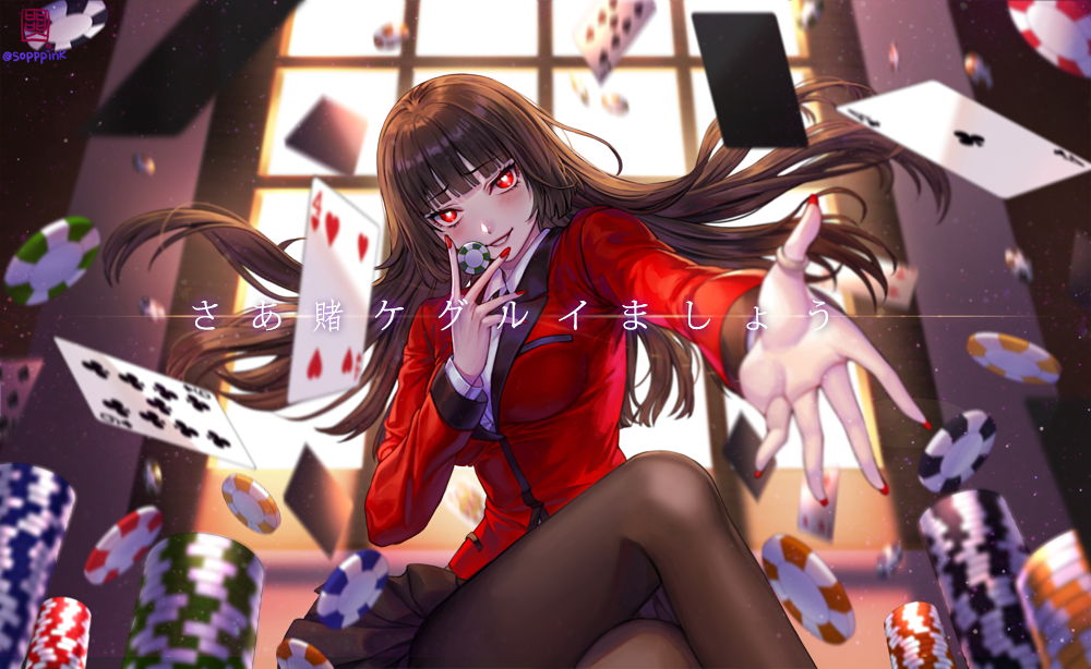 1girl black_hair black_legwear blush box_(hotpppink) breasts card grin hime_cut jabami_yumeko kakegurui large_breasts legs_crossed long_hair looking_at_viewer nail_polish pantyhose playing_card pleated_skirt poker_chip red_eyes red_nails school_uniform skirt smile solo