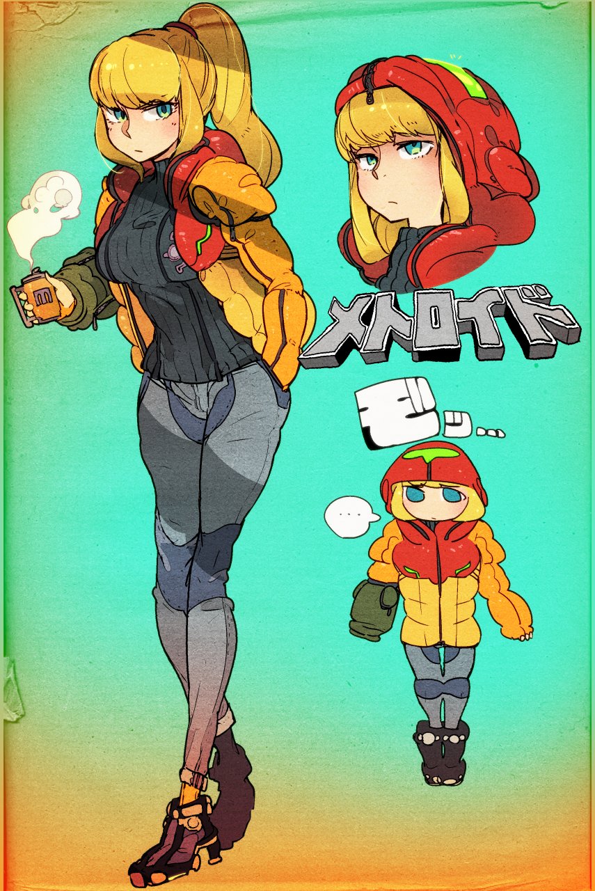 ... 1girl adapted_costume arm_cannon blonde_hair blue_eyes casual coffee_mug cup expressionless full_body hand_in_pocket high_heels high_ponytail highres hood hood_down hood_up jacket kuroi_moyamoya looking_at_viewer metroid mug nintendo open_clothes open_jacket ponytail ribbed_sweater samus_aran simple_background solo standing steam sweater varia_suit weapon