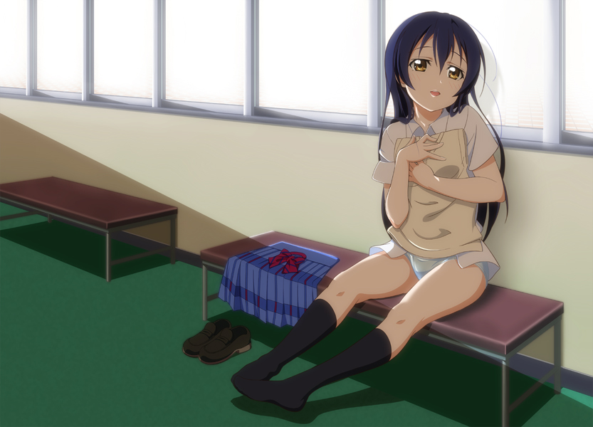 1girl bangs blue_hair blush commentary_request feet full_body hair_between_eyes holding indoors long_hair looking_at_viewer love_live! love_live!_school_idol_project no_pants no_shoes otonokizaka_school_uniform panties plaid plaid_skirt pleated_skirt red_neckwear school_uniform shirt shoes_removed sitting skirt smile socks solo sonoda_umi striped striped_neckwear takamin_apaman underwear white_shirt yellow_eyes