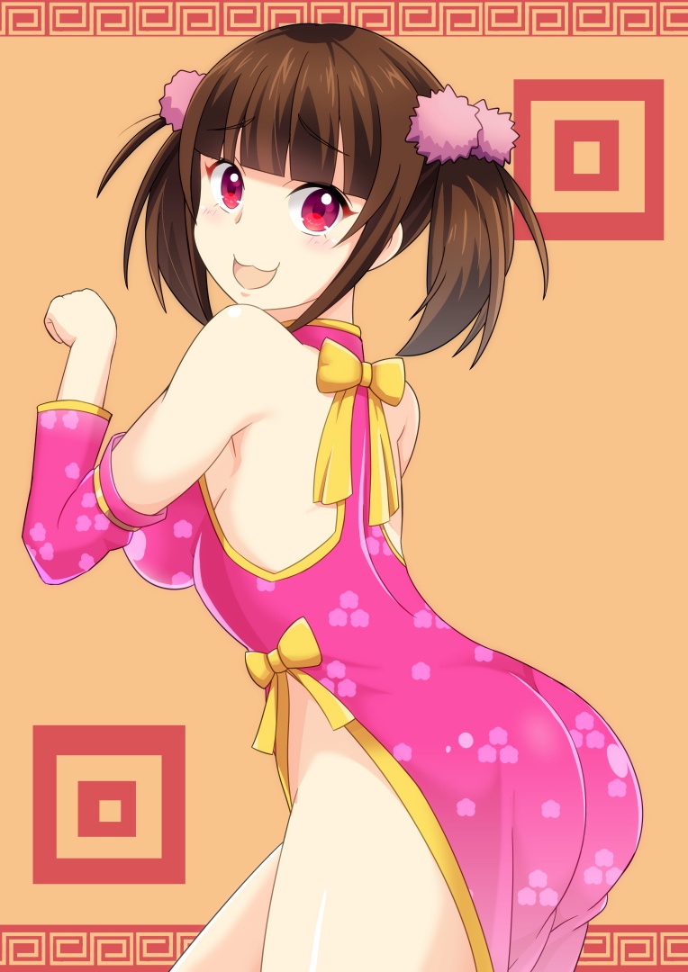 1girl bare_shoulders blush breasts brown_hair butt_crack china_dress chinese_clothes dress groin guchiaki hair_bobbles hair_ornament large_breasts looking_at_viewer looking_to_the_side machiya_yuina no_bra no_panties open_mouth orange_background pastel_memories paw_pose red_eyes short_hair short_twintails sideboob simple_background solo twintails