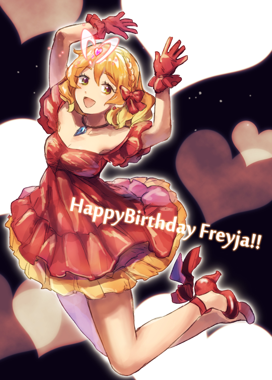 1girl :d arms_up blonde_hair bow braid breasts brown_eyes character_name cleavage dress eyebrows_visible_through_hair freyja_wion full_body gloves hair_between_eyes hair_bow hair_ornament happy_birthday heart heart_hair_ornament high_heels highres jewelry jumping legs_up macross macross_delta multicolored_hair necklace open_mouth red_bow red_dress red_footwear red_gloves shimatani_azu short_dress short_hair sleeveless sleeveless_dress small_breasts smile solo two-tone_hair